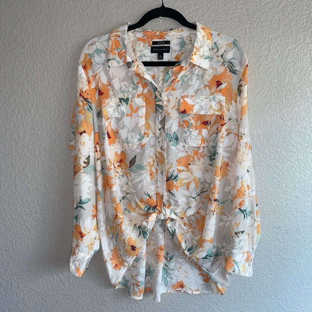 Olivia Investments Floral Button Front Blouse Women’s Large Long Sleeve Top